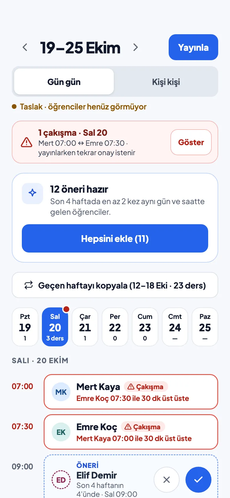 Haftalık plan ekranı: 12 öneri hazır, Hepsini ekle ve Geçen haftayı kopyala düğmeleri, Yayınla düğmesi